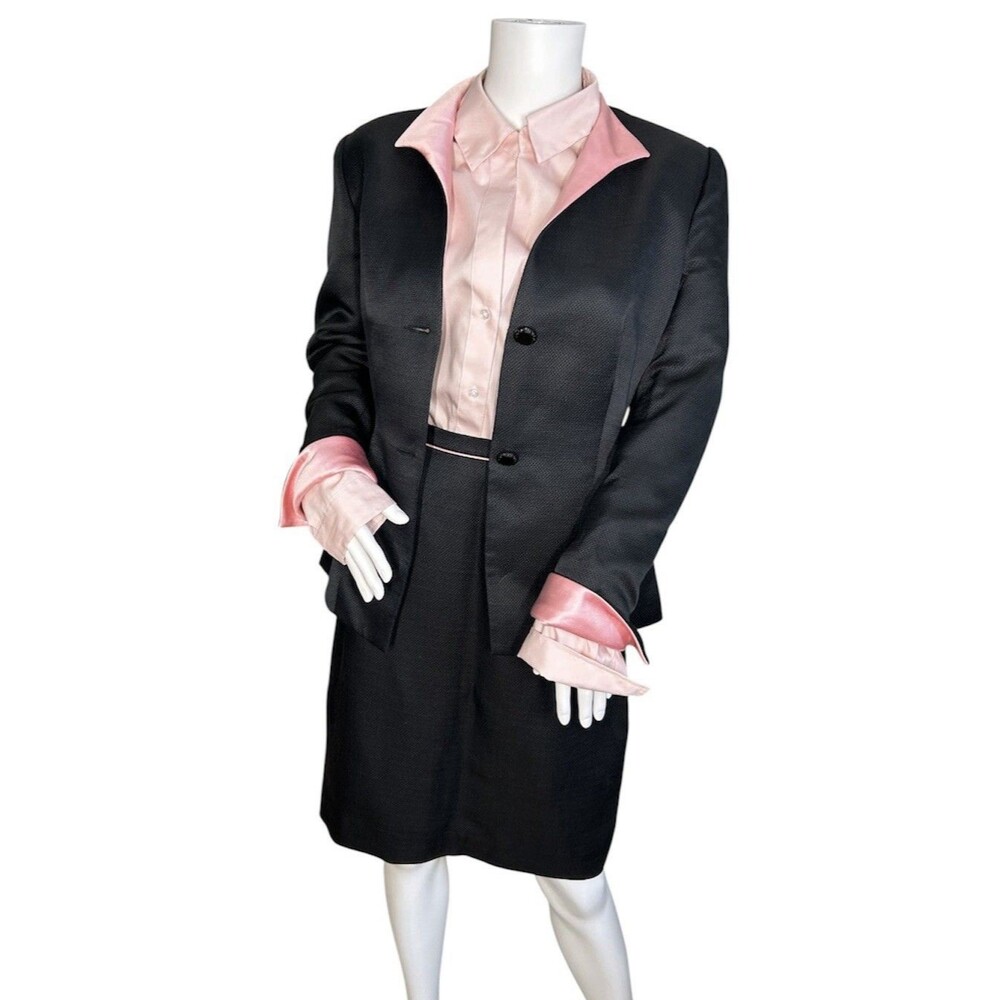 Vintage SUNNY CHOI Womens Black Skirt Suit Size 10 Silk Blend Pink Satin Trim